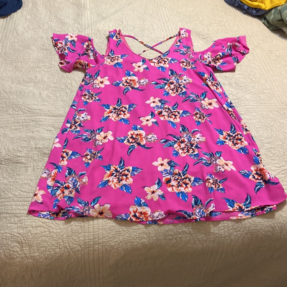 Hot pink dress with floral design, crisscross back peekaboo shoulders